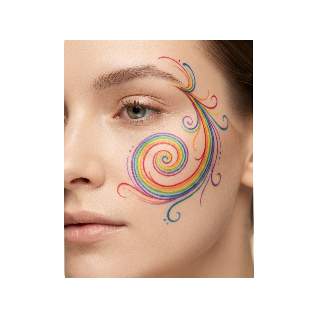 Person with colorful swirl face art near the eye in rainbow colors