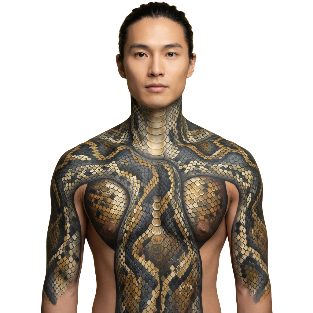 Person with detailed snake scale body art covering the upper body and neck