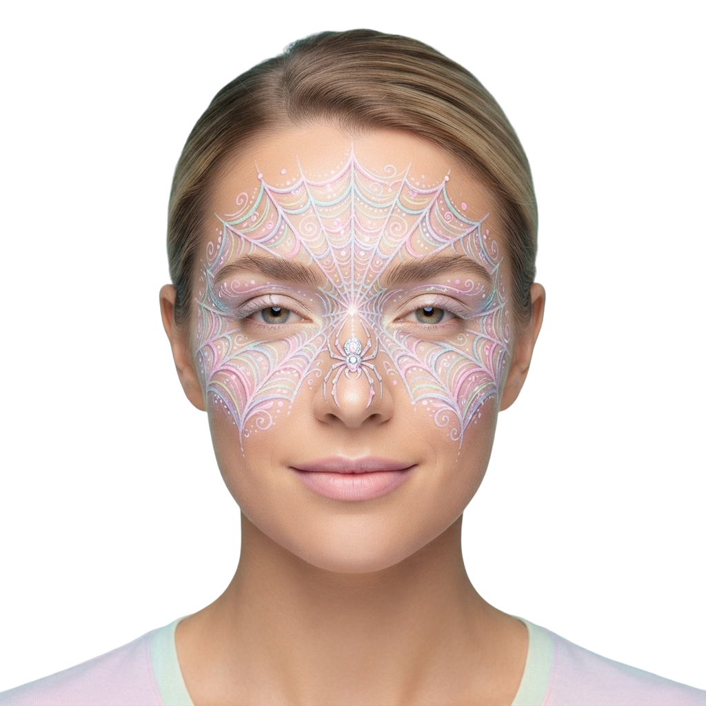 Person with colorful henna-style face art featuring symmetrical floral and paisley designs on cheeks and forehead