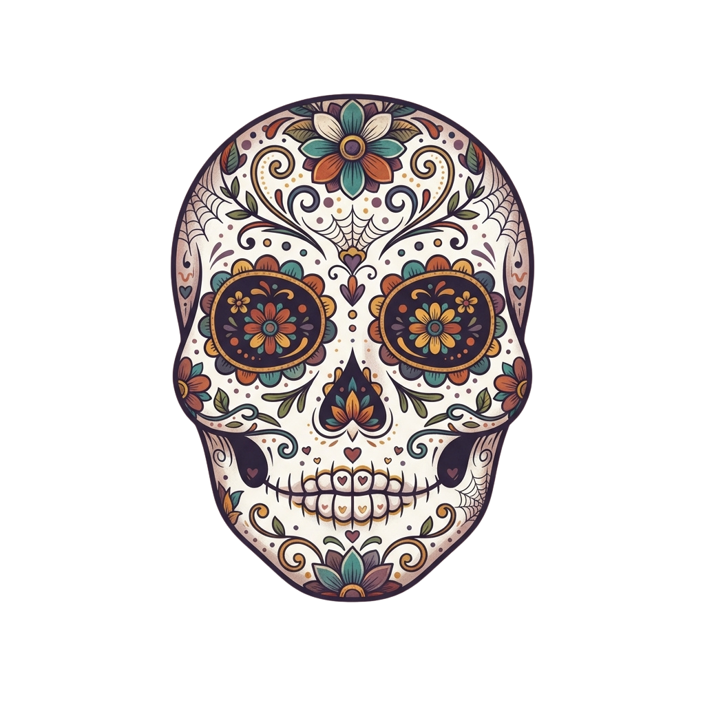 Decorative sugar skull with intricate floral and swirl patterns in vibrant colors