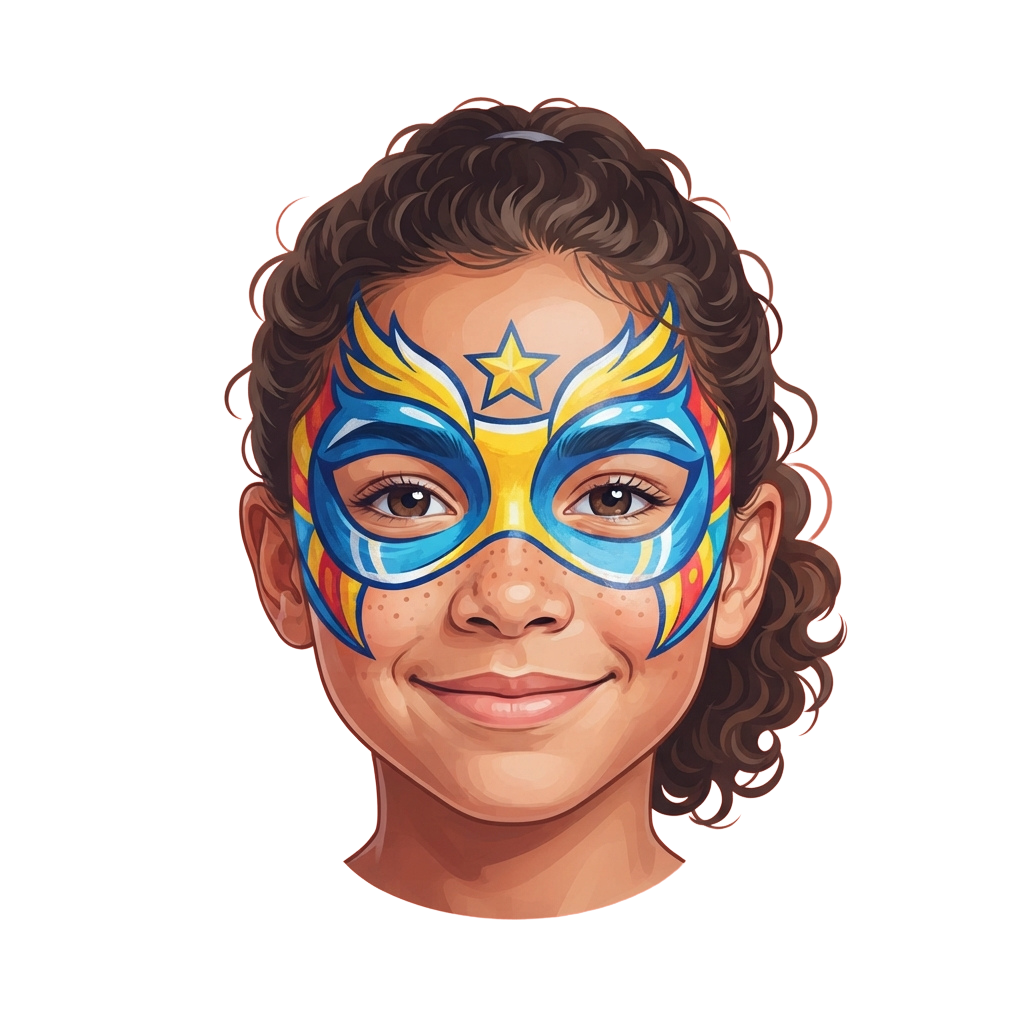 Smiling child with colorful superhero face paint featuring a star and lightning bolts on cheeks