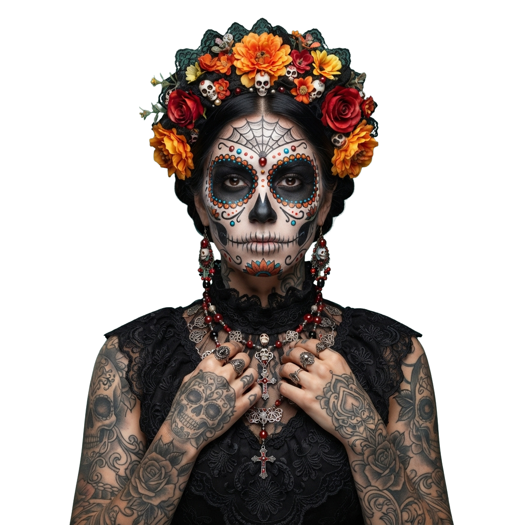 Person wearing intricate sugar skull makeup, floral headpiece, lace dress, and holding a cross necklace with visible tattoos on arms