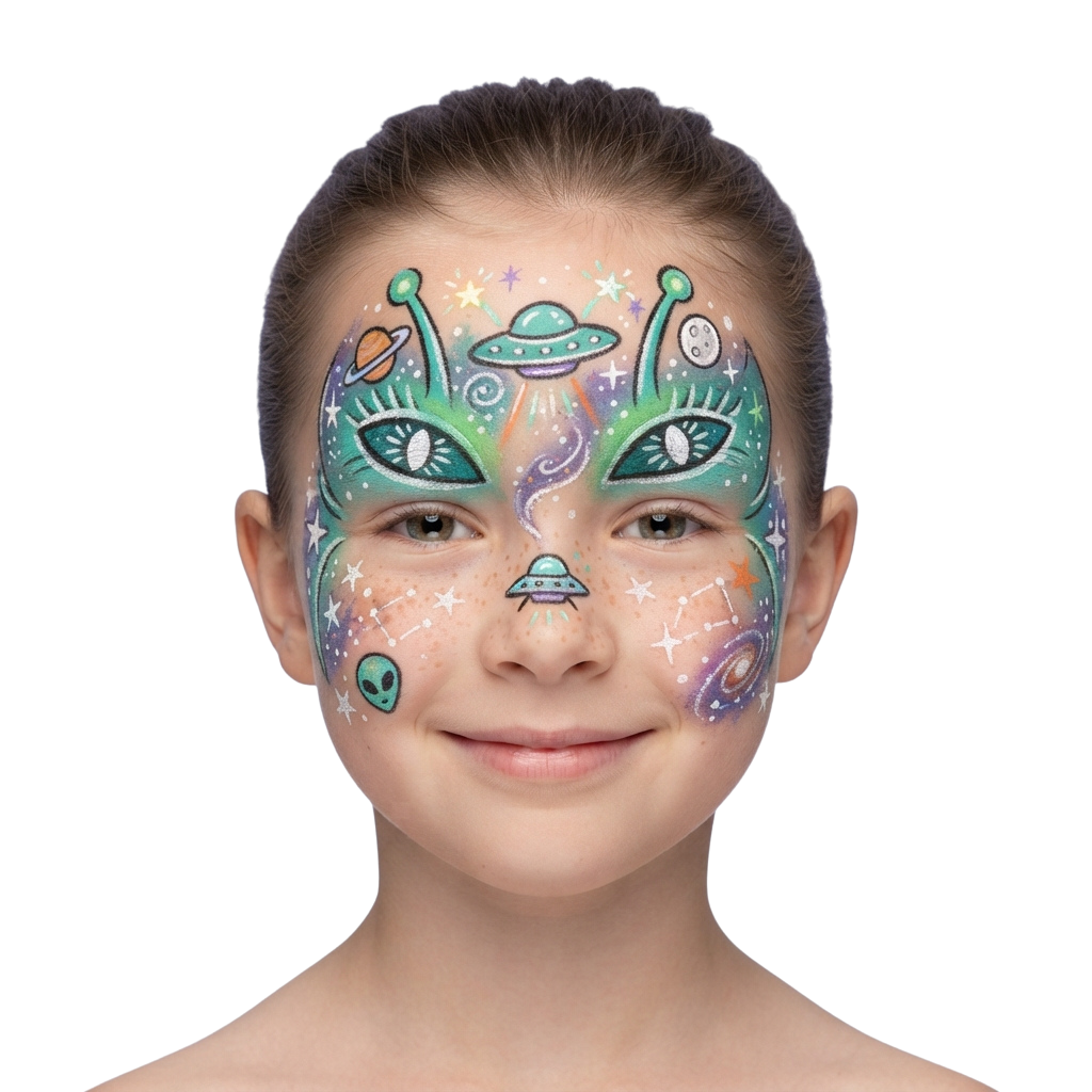 Child with colorful space-themed face paint featuring planets, stars, aliens, and rockets