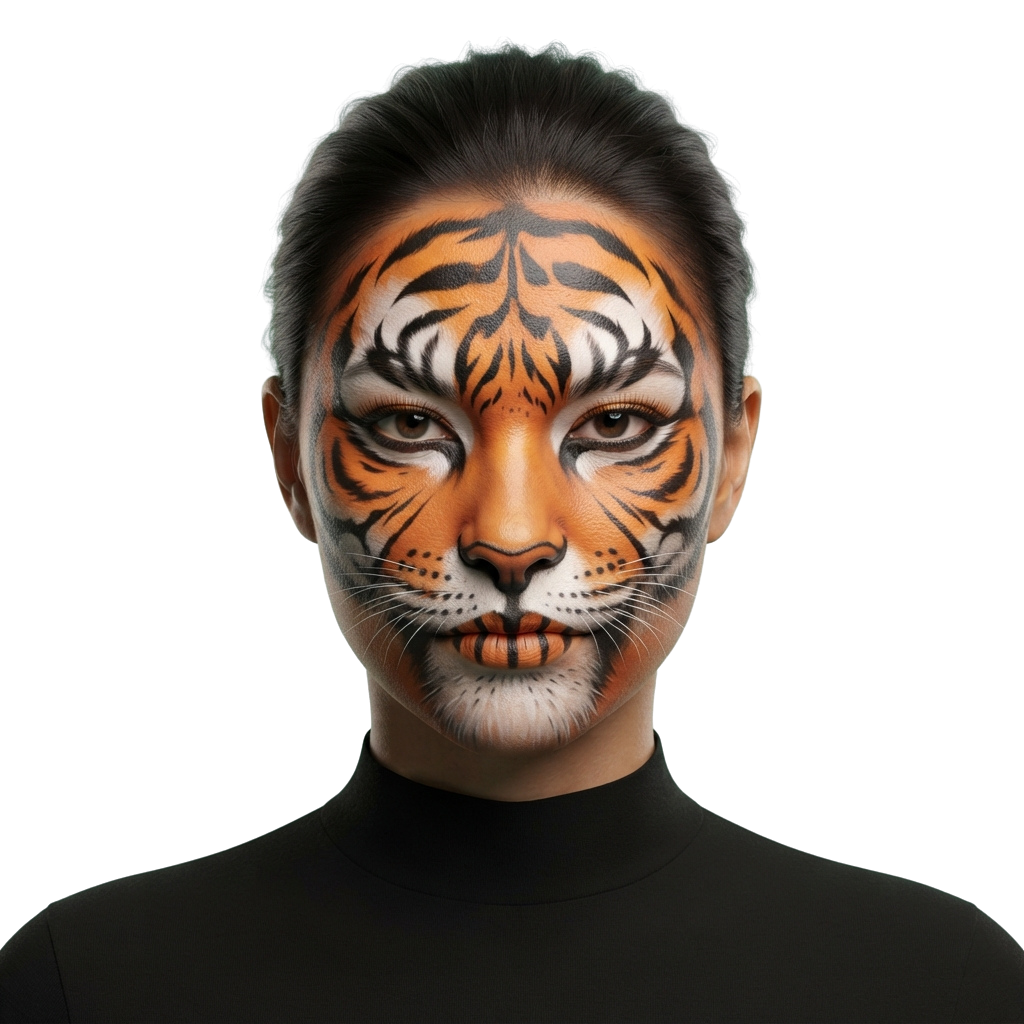 Person with tiger face paint featuring black and orange stripes and whisker details