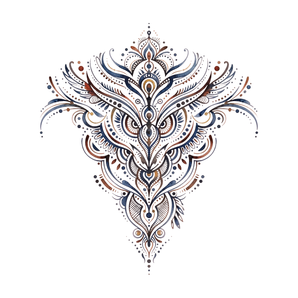 A detailed, symmetrical abstract floral pattern with swirling lines and decorative elements in shades of blue, beige, and brown on a black background