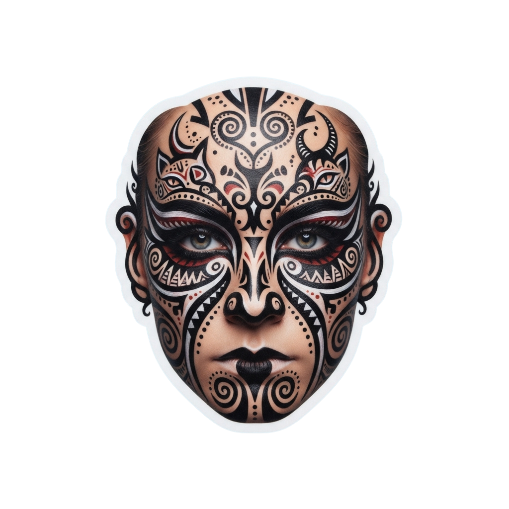 Intricate traditional Maori facial tattoo design with detailed patterns and swirls on a human face