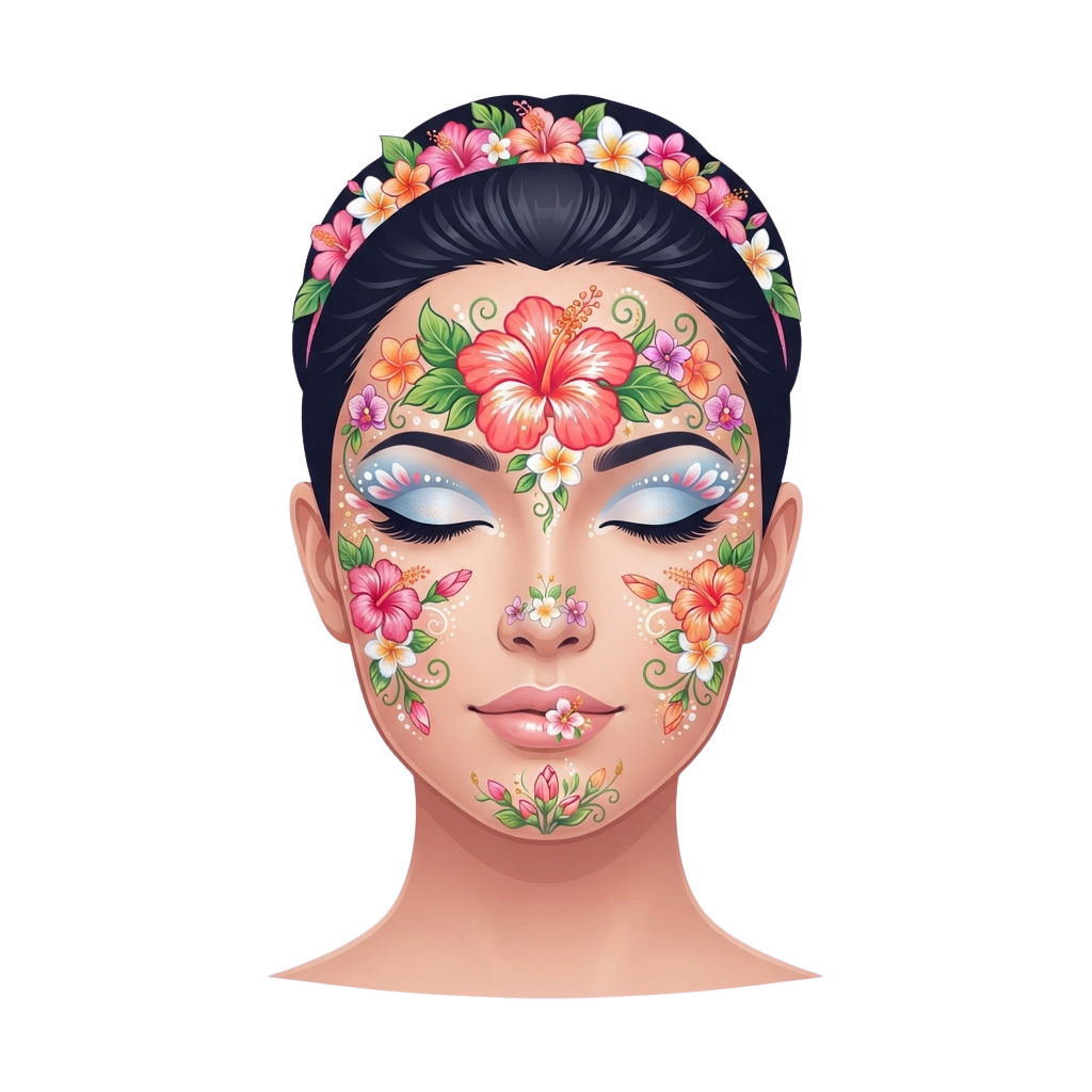 Illustration of a face with intricate floral face paint and a flower-adorned headband
