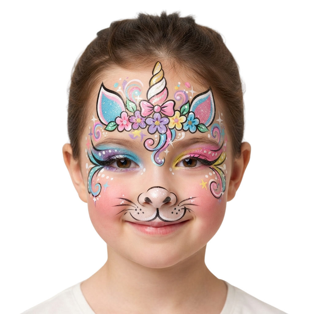 Child with colorful unicorn face paint featuring flowers, swirls, and a horn on forehead