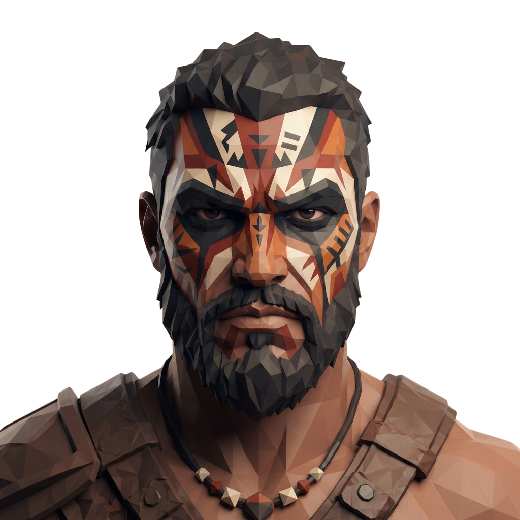 A pixelated warrior with tribal face paint, beard, and armor standing against a dark background