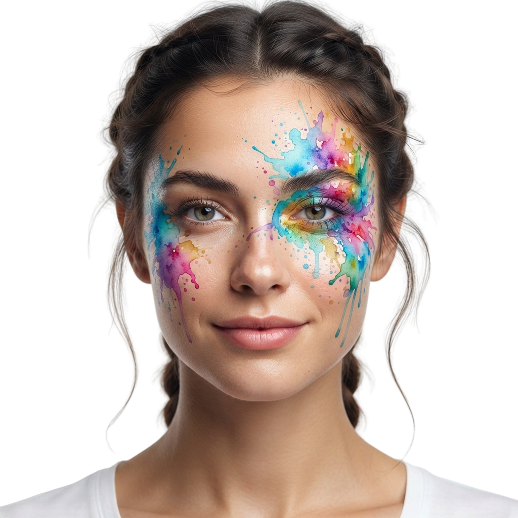 Person with colorful watercolor paint splatter art on one side of their face