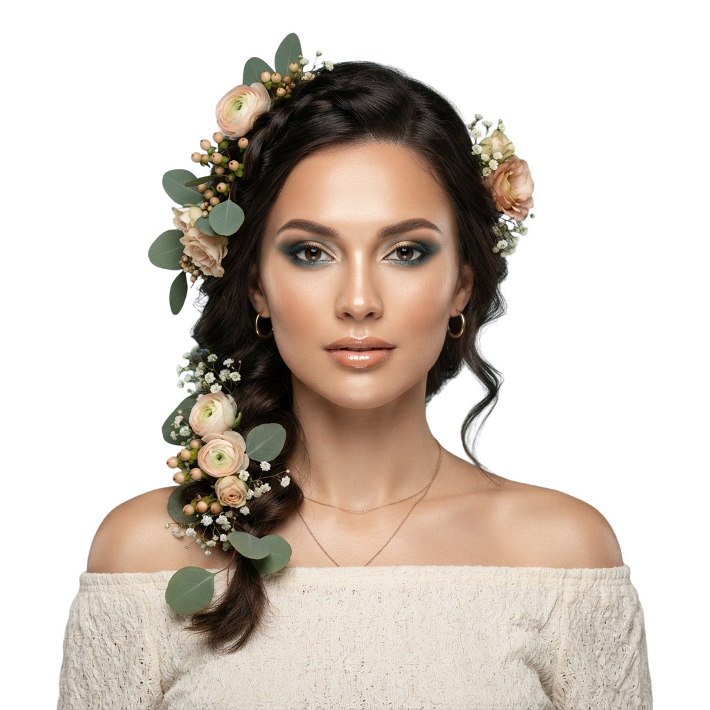 Woman wearing an off-shoulder gown with floral hair crown and braided floral accents