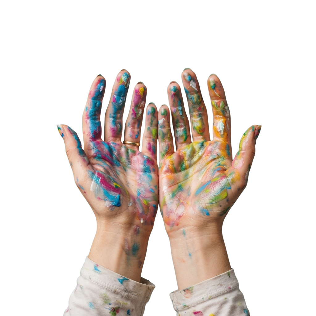 Two hands covered in vibrant, multicolored paint against a black background