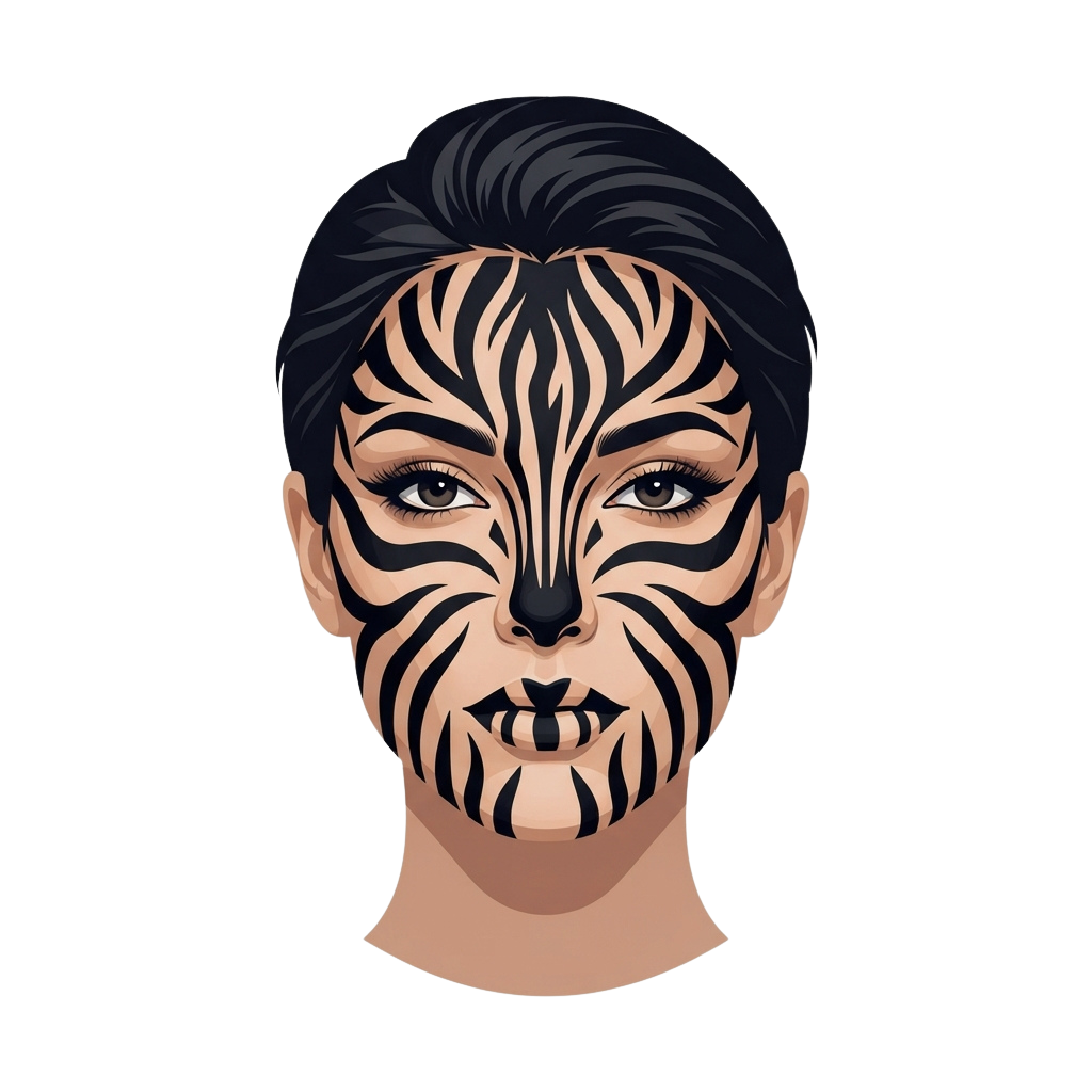 Illustration of a face with zebra stripe pattern painted across forehead, cheeks, and nose