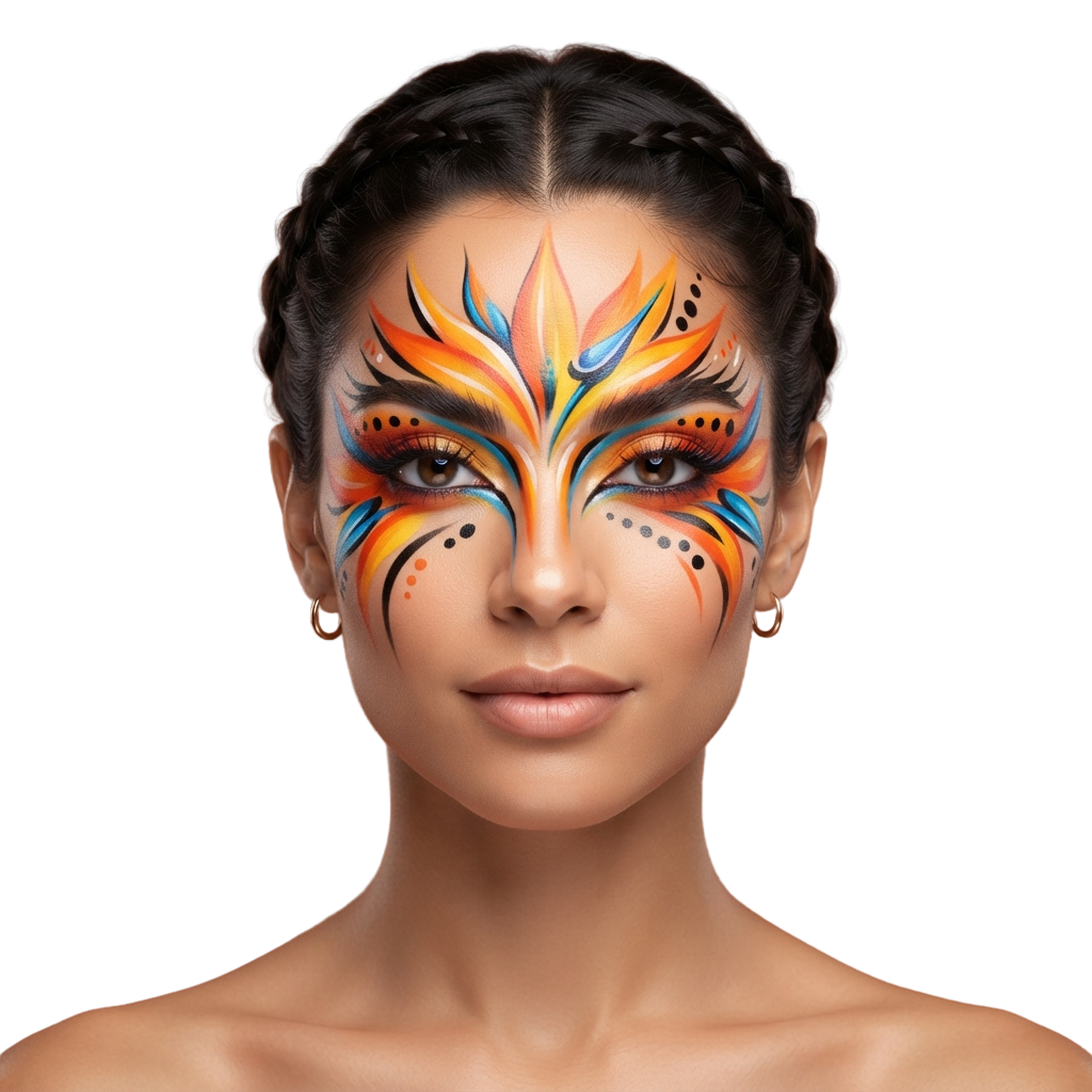 Person with vibrant face paint resembling bird feathers in orange, blue, and black tones