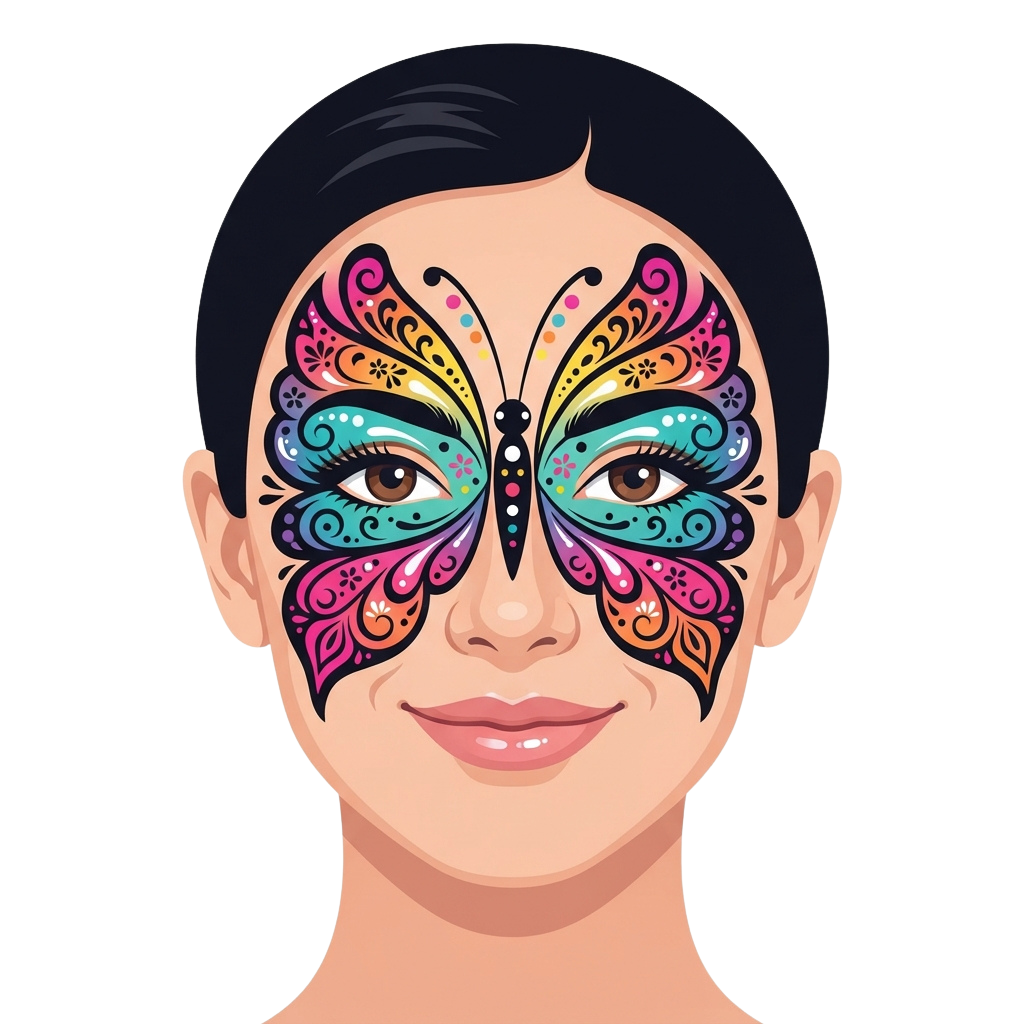 Child with butterfly face paint featuring intricate colorful patterns on cheeks and forehead