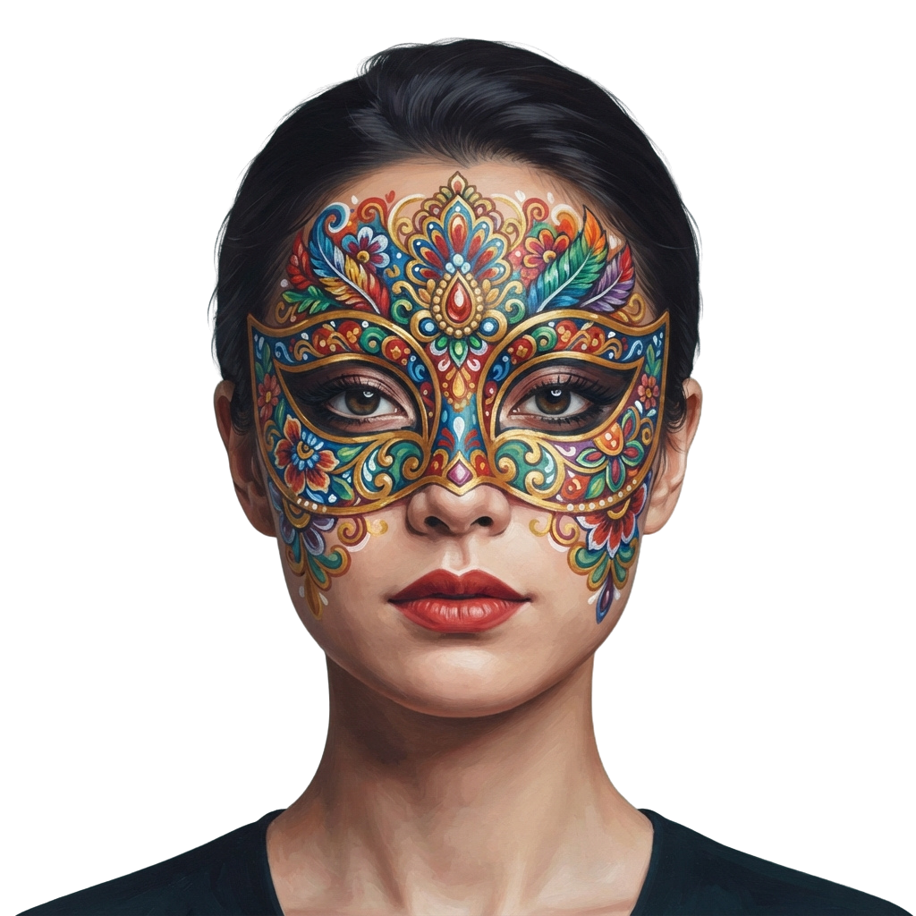 Person wearing an intricate, colorful Venetian-style face mask with ornate floral patterns