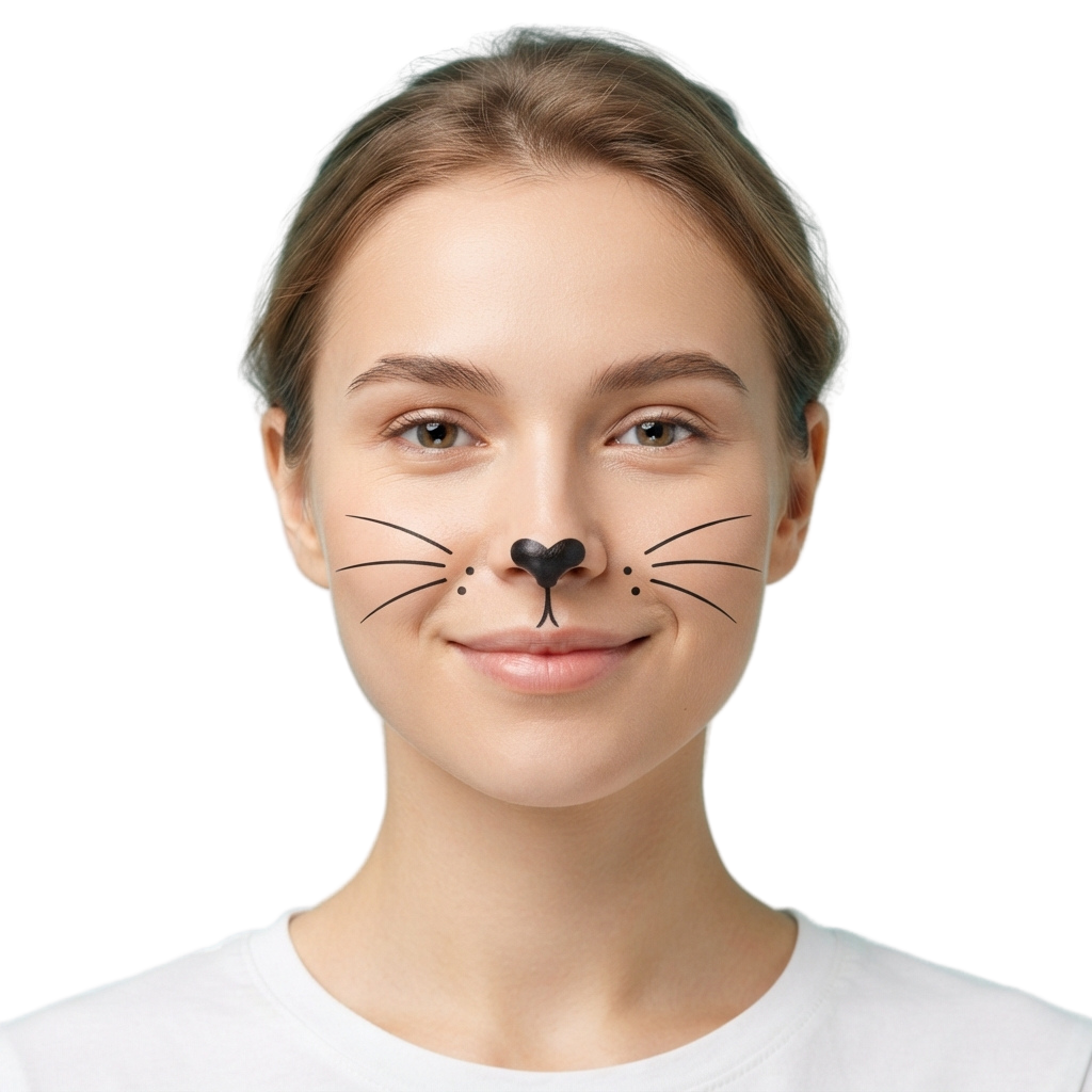 Smiling person with black cat nose makeup and whiskers on their face