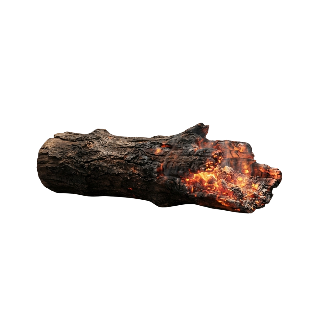 A partially burnt log with glowing embers and flames along its length