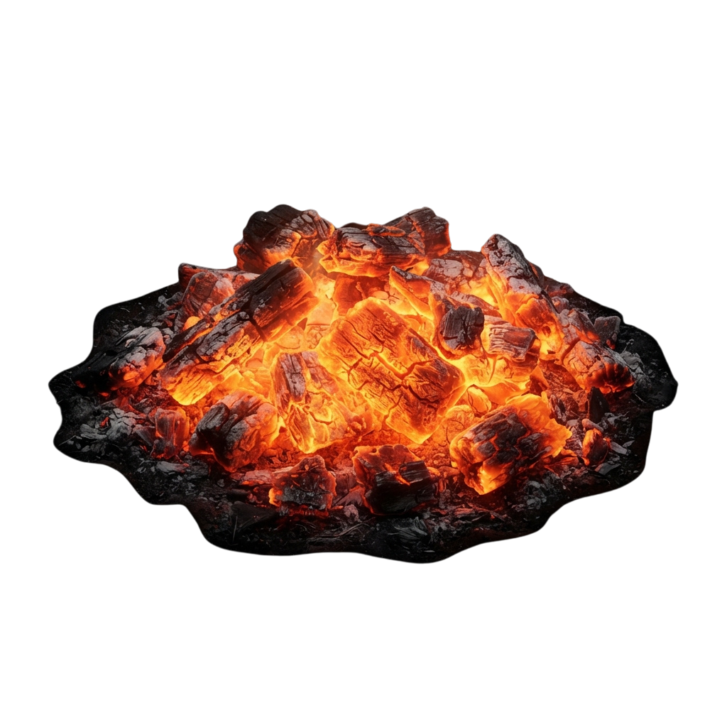 Close-up of burning charcoal briquettes with glowing embers and bright orange flames