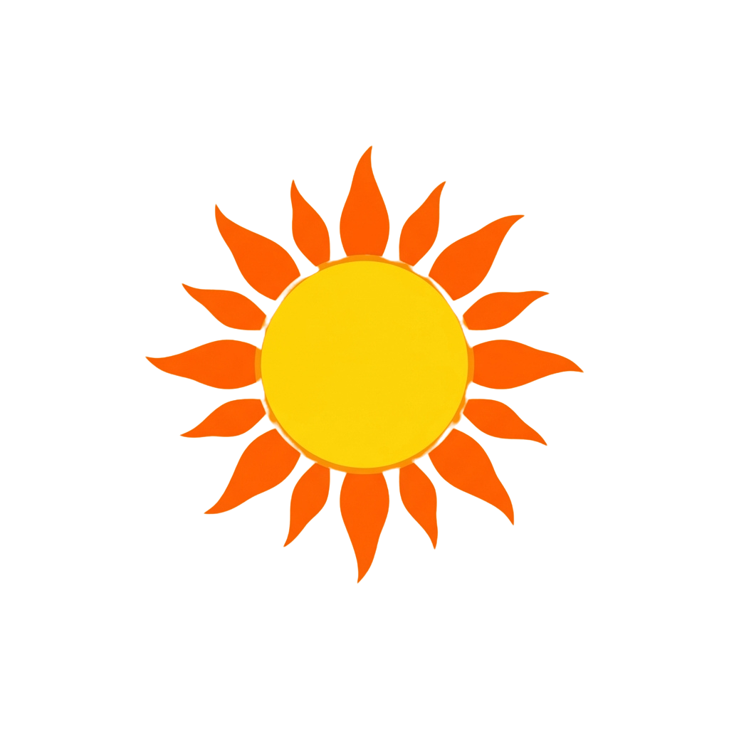 A stylized illustration of a bright yellow sun with orange rays against a black background