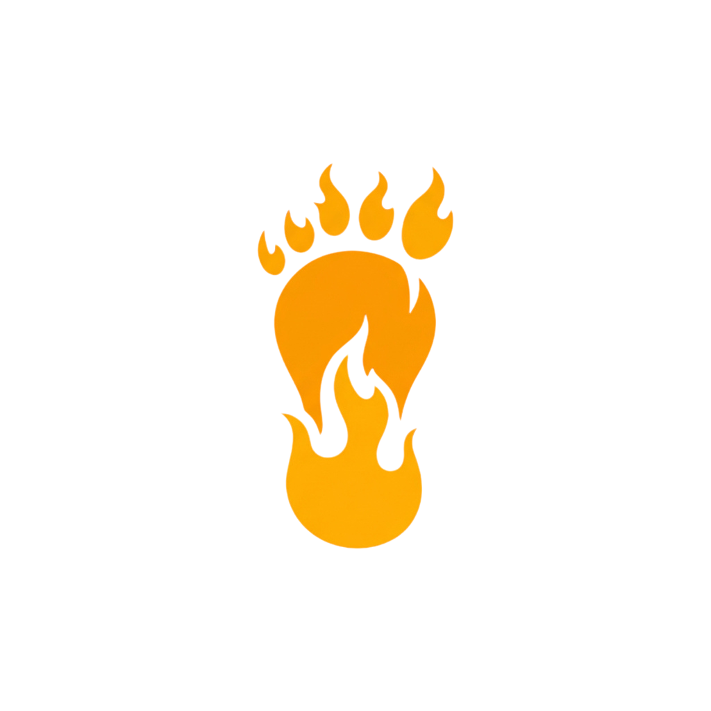 A stylized silhouette of a footprint with flames emanating from it