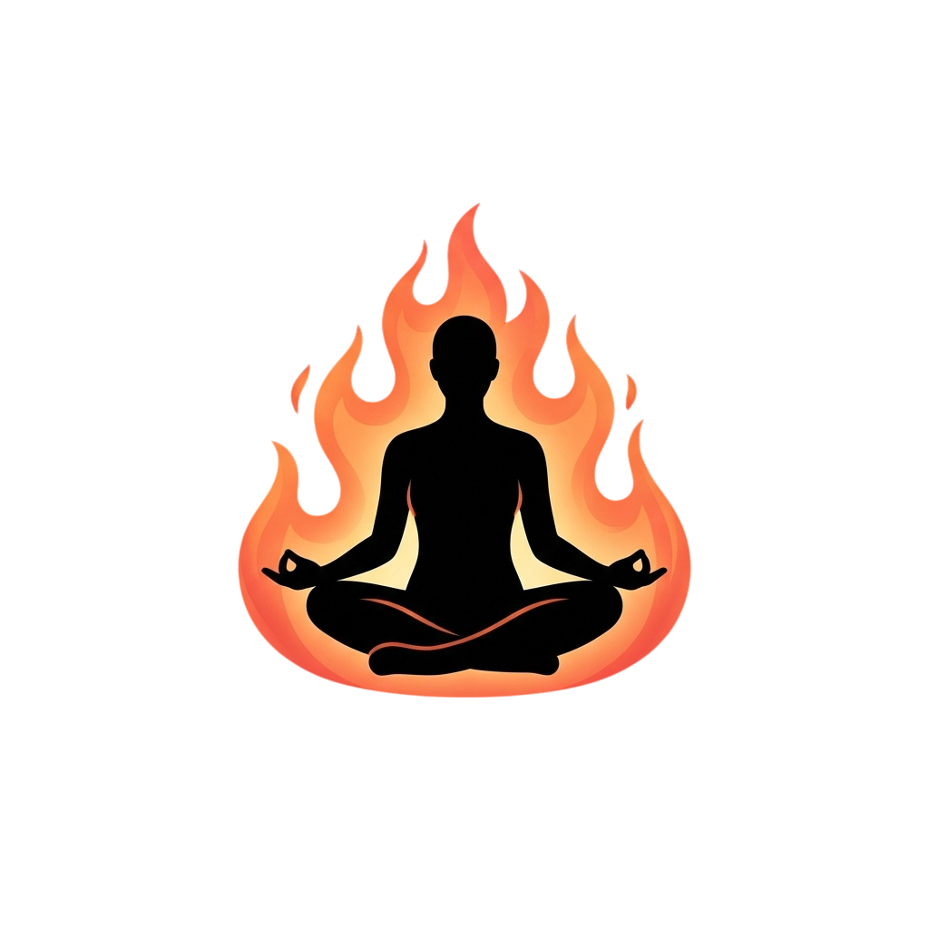 Silhouette of a person meditating surrounded by orange flames