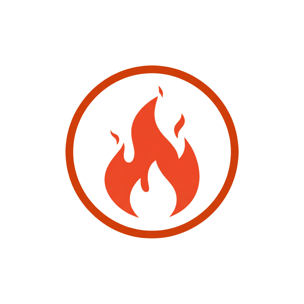 A bold red flame inside a circular outline on a black background