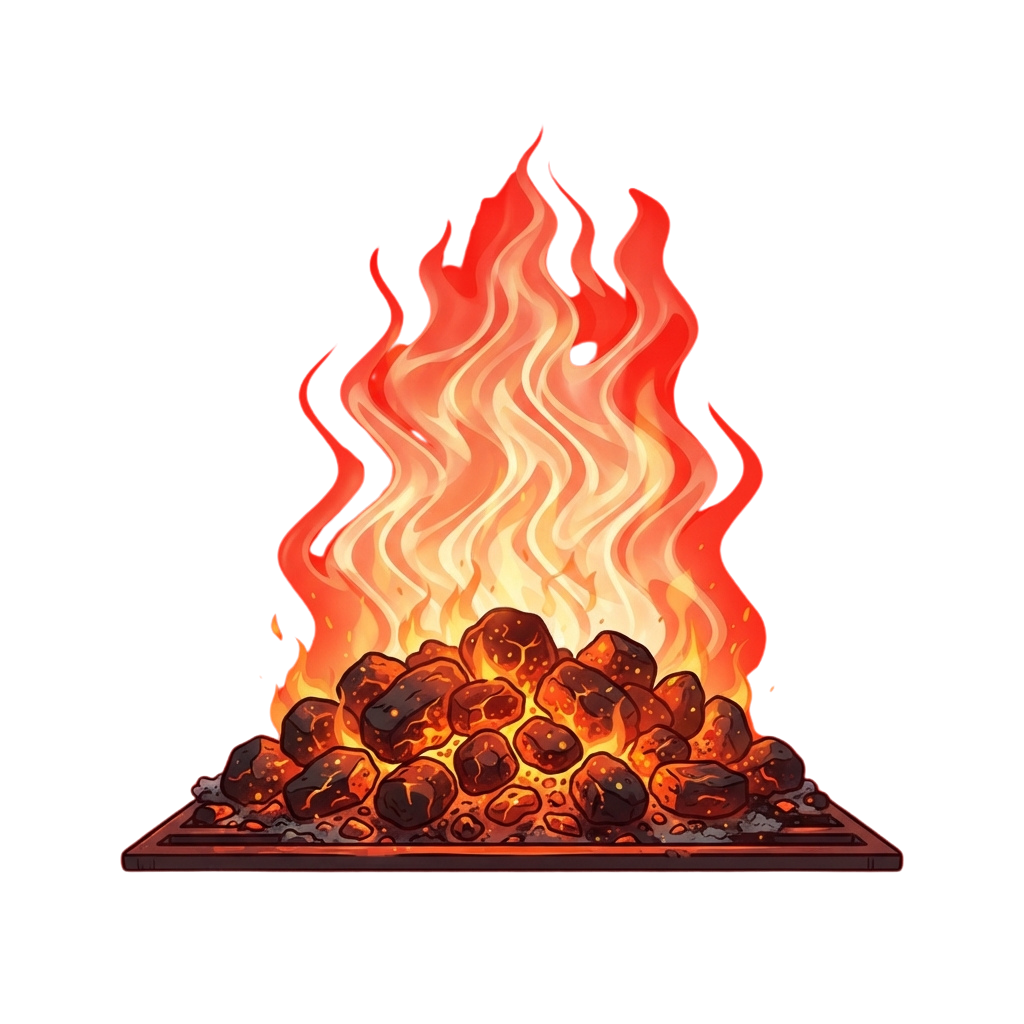 Illustration showing burning charcoal with bright orange and red flames rising upwards