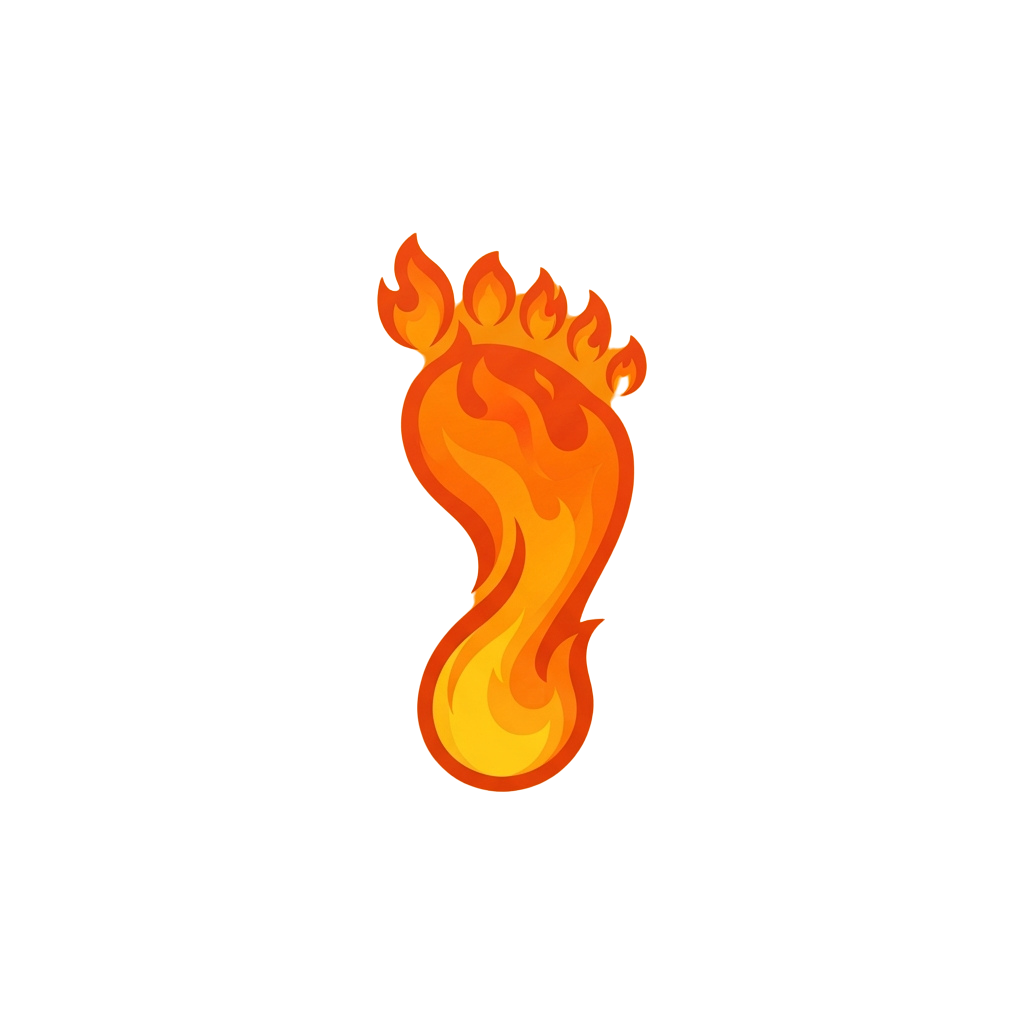 A stylized flame shaped like a foot with bright orange and yellow hues