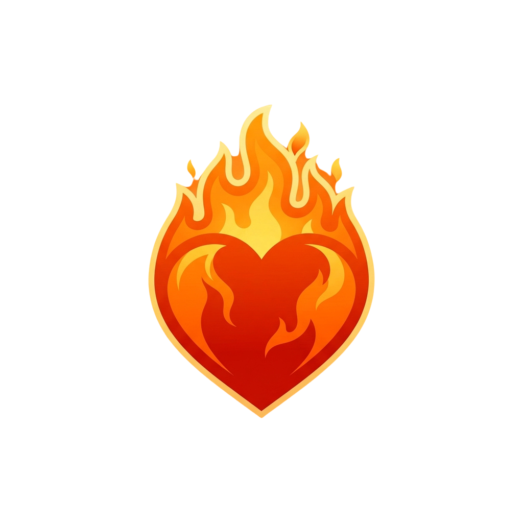 A stylized heart shape engulfed in bright orange and yellow flames against a black background