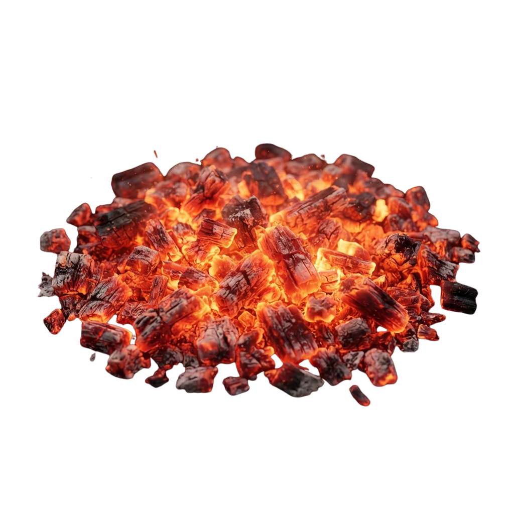 A pile of glowing hot charcoal briquettes emitting bright orange sparks and embers