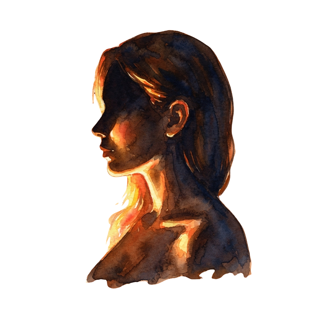 A stylized silhouette of a woman in profile, lit from below with warm golden light.