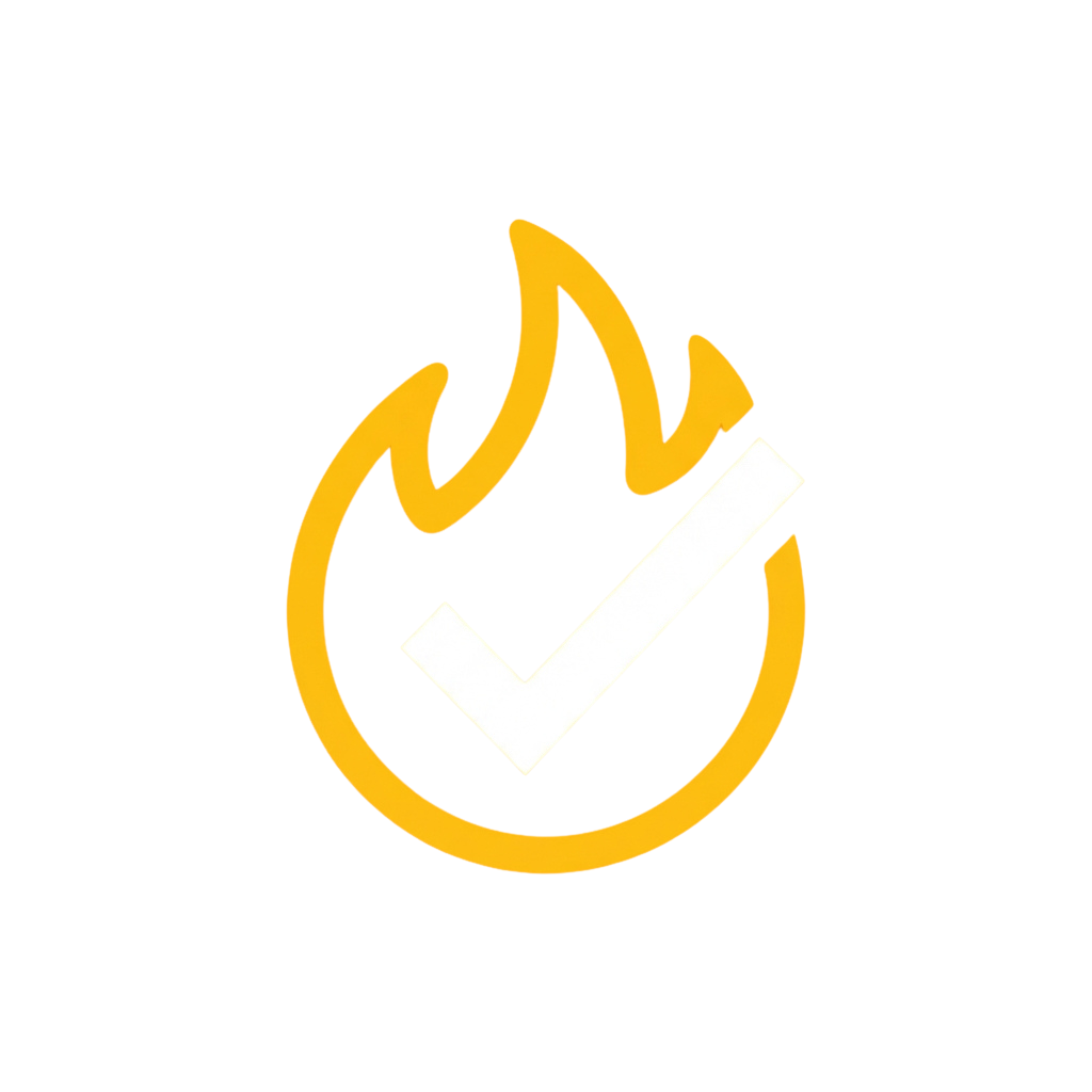 A stylized yellow and white checkmark inside a flame shape on a black background
