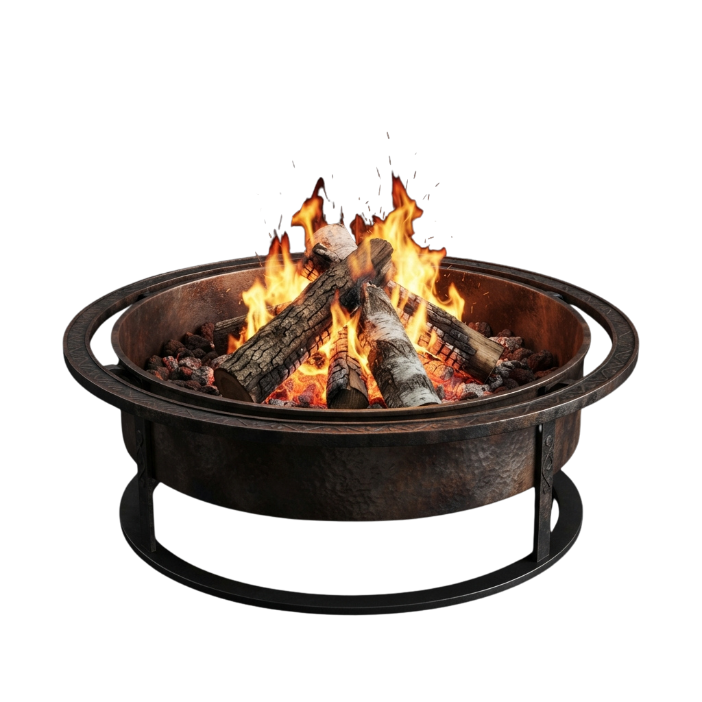 A round metal fire pit with logs burning brightly inside, emitting sparks and flames.