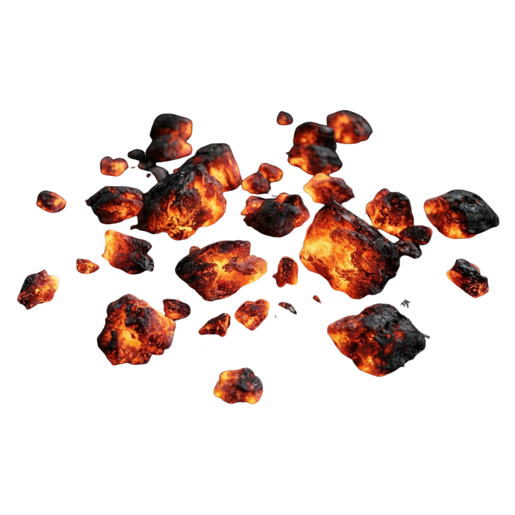 A cluster of glowing hot charcoal pieces against a black background