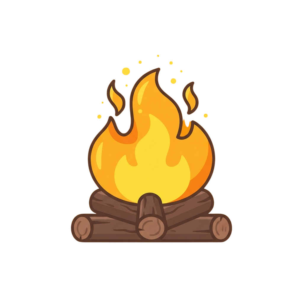 A stylized illustration of a campfire burning with bright flames and logs underneath