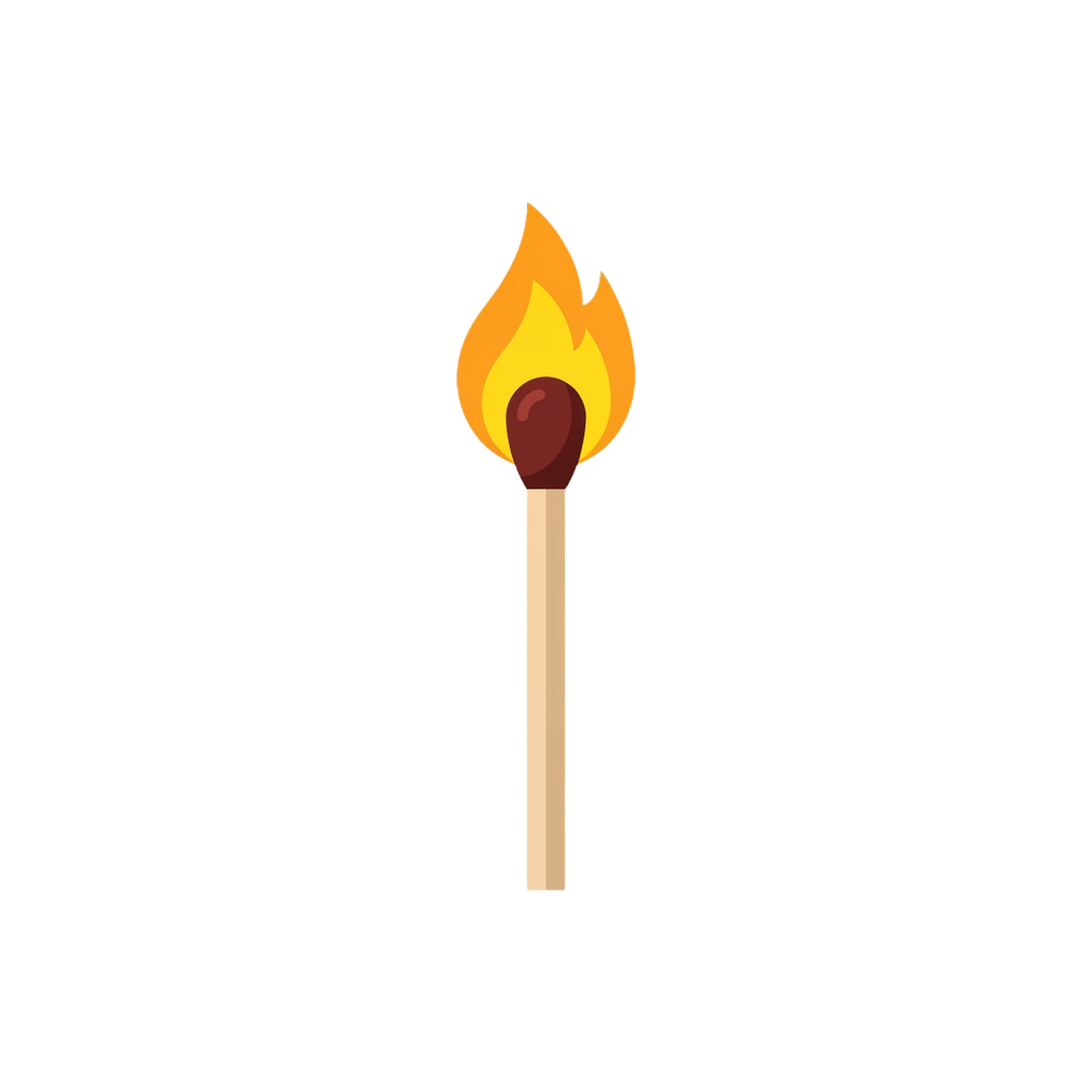 A lit matchstick with a bright orange and yellow flame burning at the tip