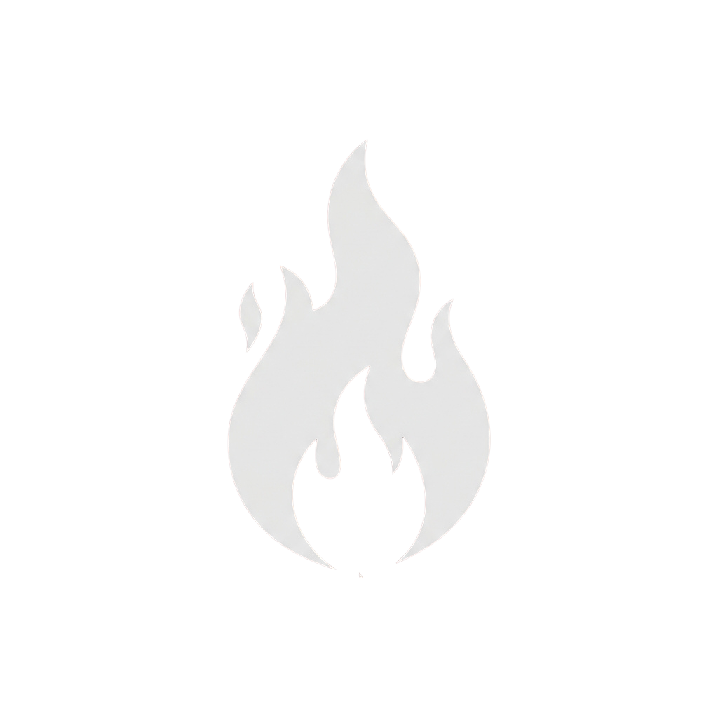 White flame icon on a black background