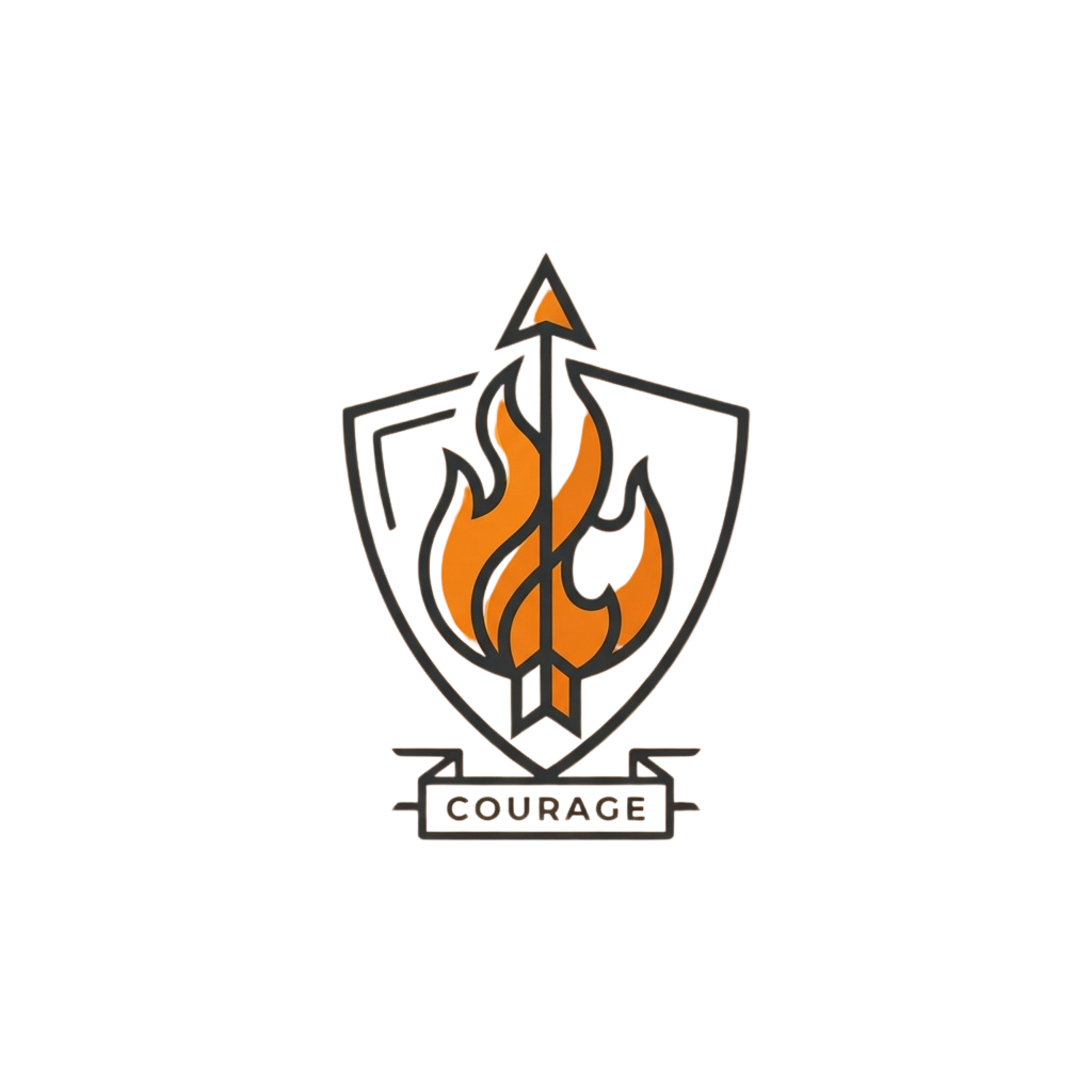 A shield-shaped emblem featuring an orange flame with a pointed top and the word courage at the bottom