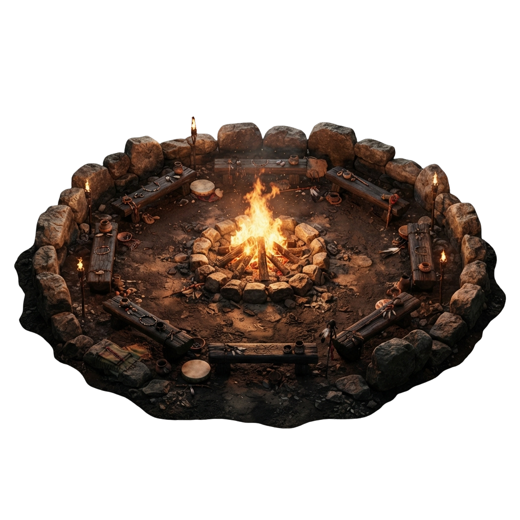 A campfire burning inside a stone circle surrounded by camping supplies and tools