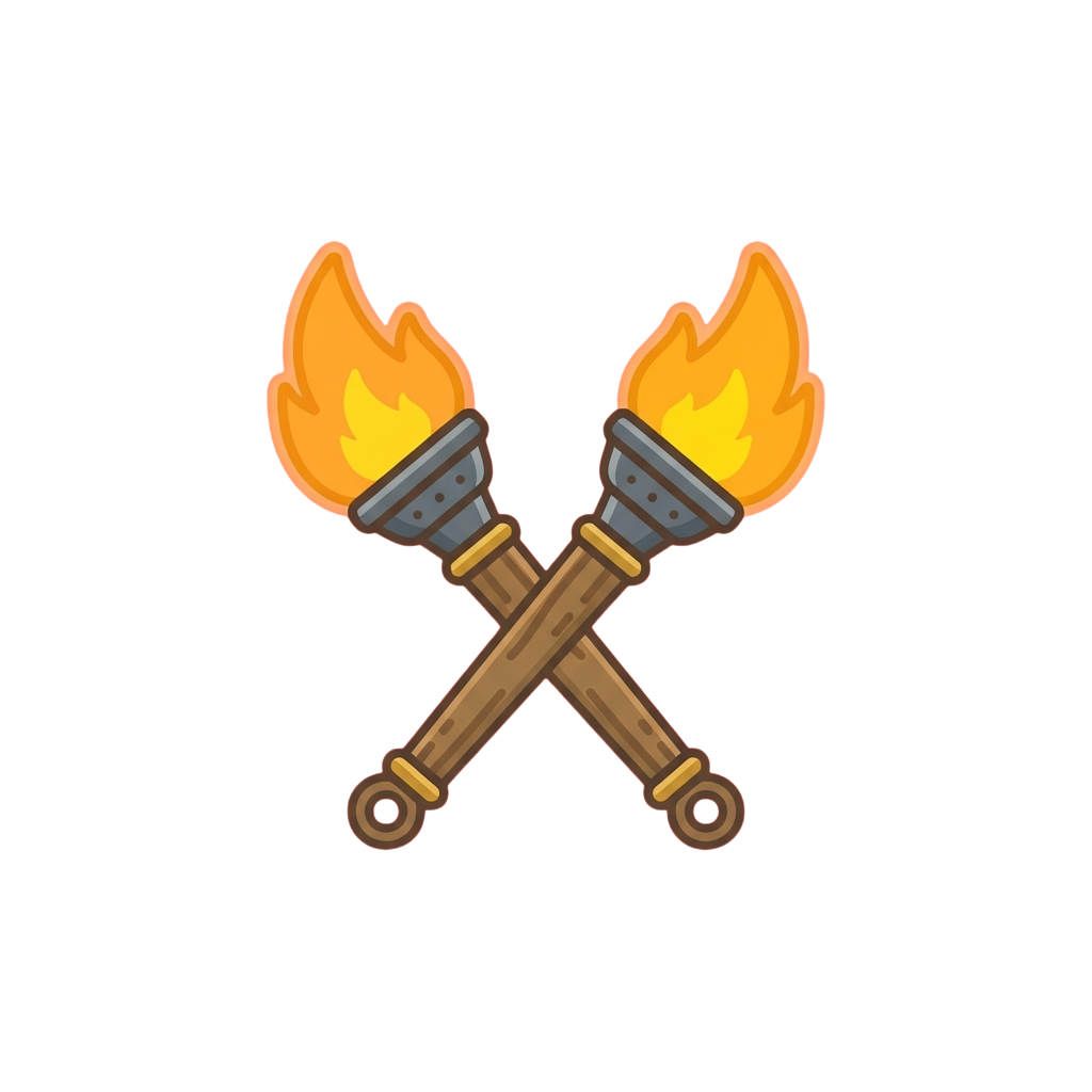 Two crossed wooden torches with bright orange flames at the top
