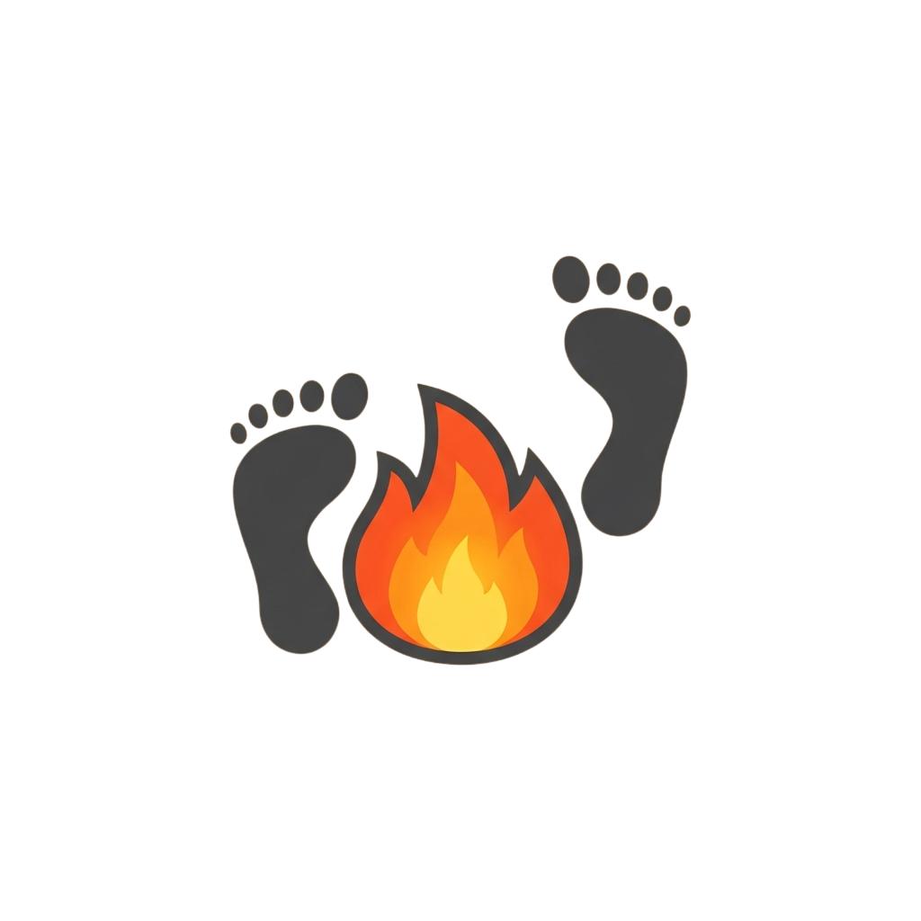 Two gray footprints with a stylized campfire between them on a black background