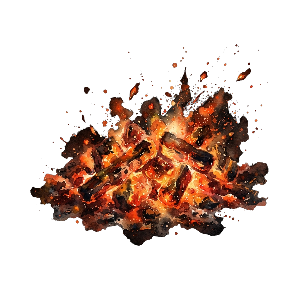Digital illustration of an intense burst of fiery flames and sparks against a dark background
