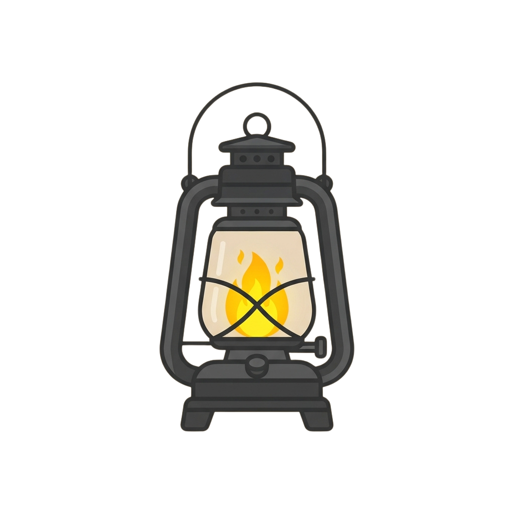 Illustration of a classic oil lantern emitting a bright flame through its glass chimney