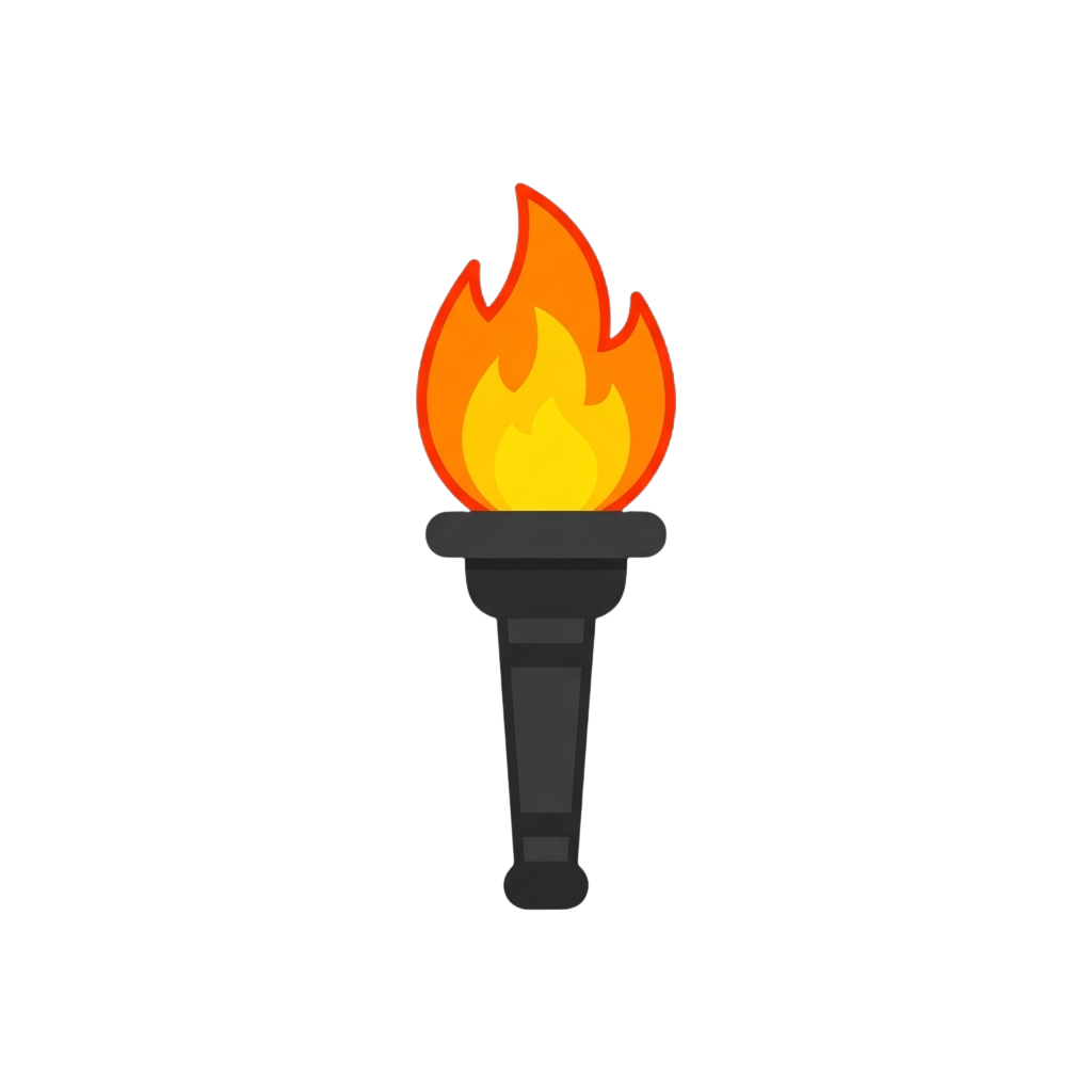 Illustration of a lit torch with orange and yellow flames atop a gray stand