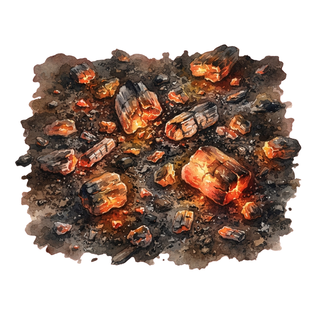 Illustration of glowing orange and black crystals embedded in dark rocky terrain