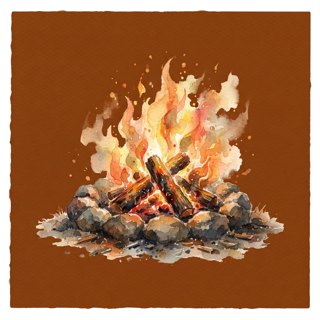 A campfire illustration showing burning logs surrounded by rocks and glowing flames