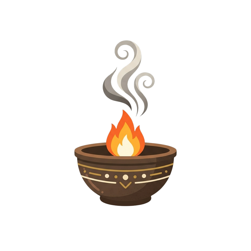 A stylized illustration of a diya bowl with a lit flame and rising smoke against a dark background