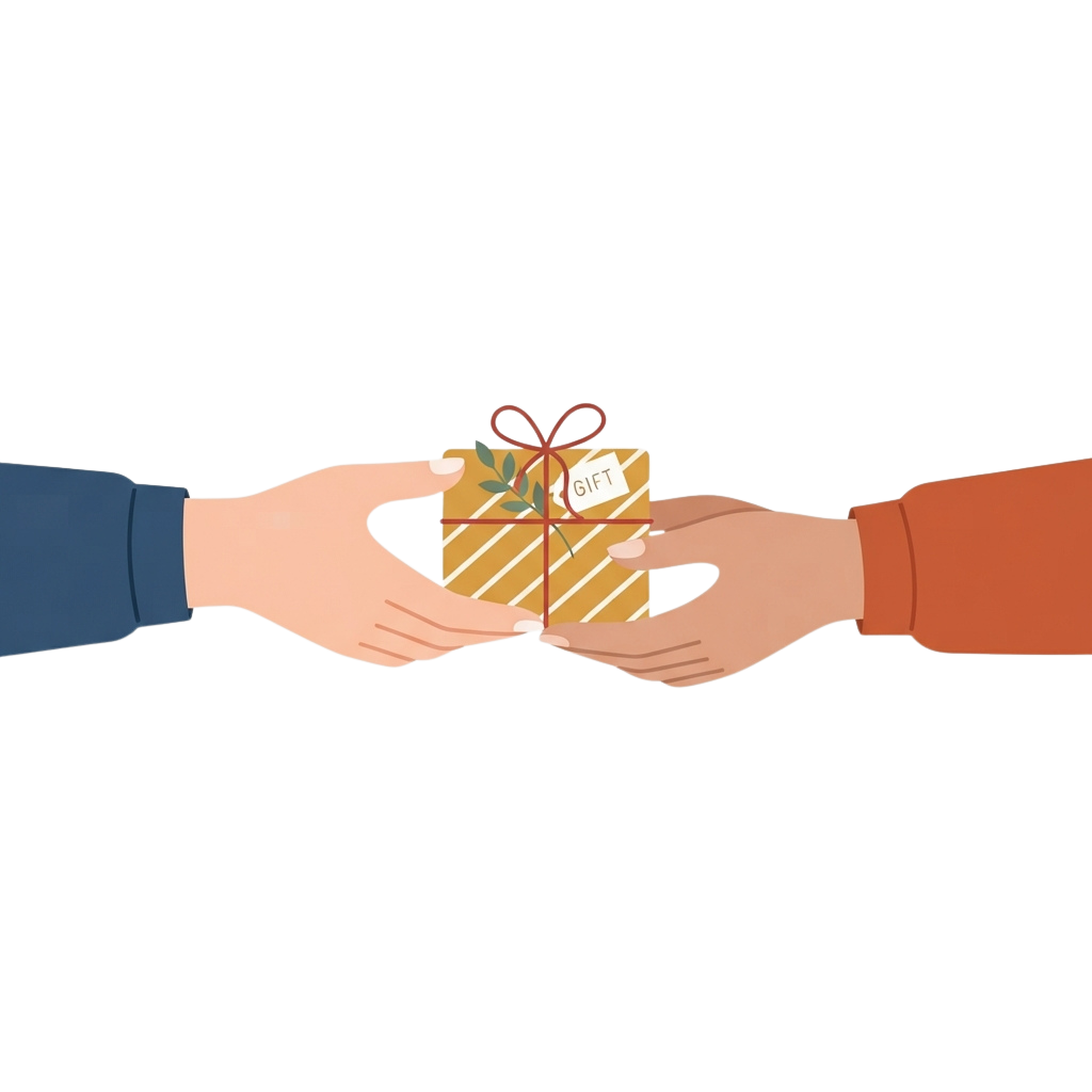 Illustration of two hands exchanging a gift-wrapped box with a red ribbon