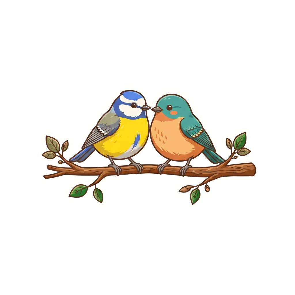 Two colorful cartoon birds sitting close together on a branch with green leaves